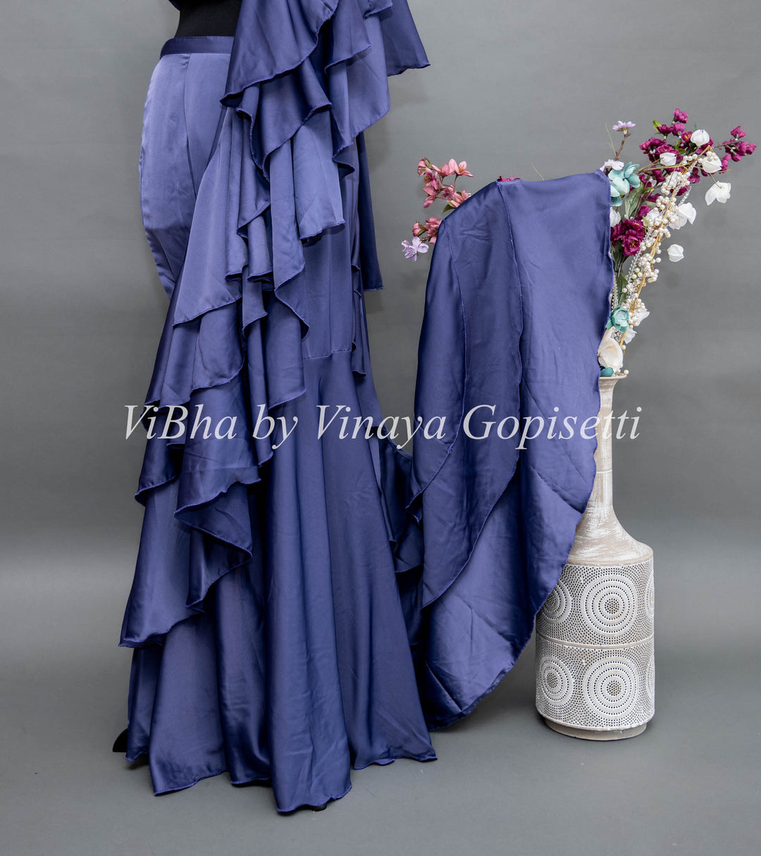 Ultra Violet Pre Plated Saree with Ruffles And Embroidered Blouse