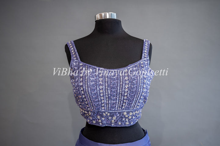 Ultra Violet Pre Plated Saree with Ruffles And Embroidered Blouse