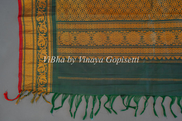 Peach and Dark Green Gadwal SIlk Saree with Blouse