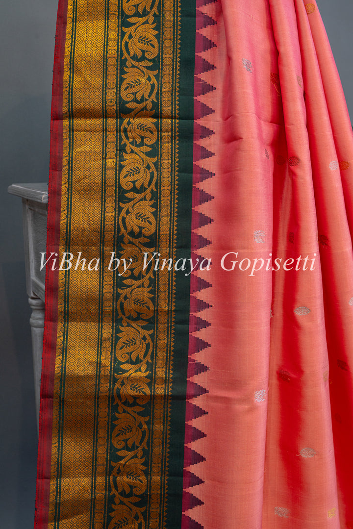 Peach and Dark Green Gadwal SIlk Saree with Blouse