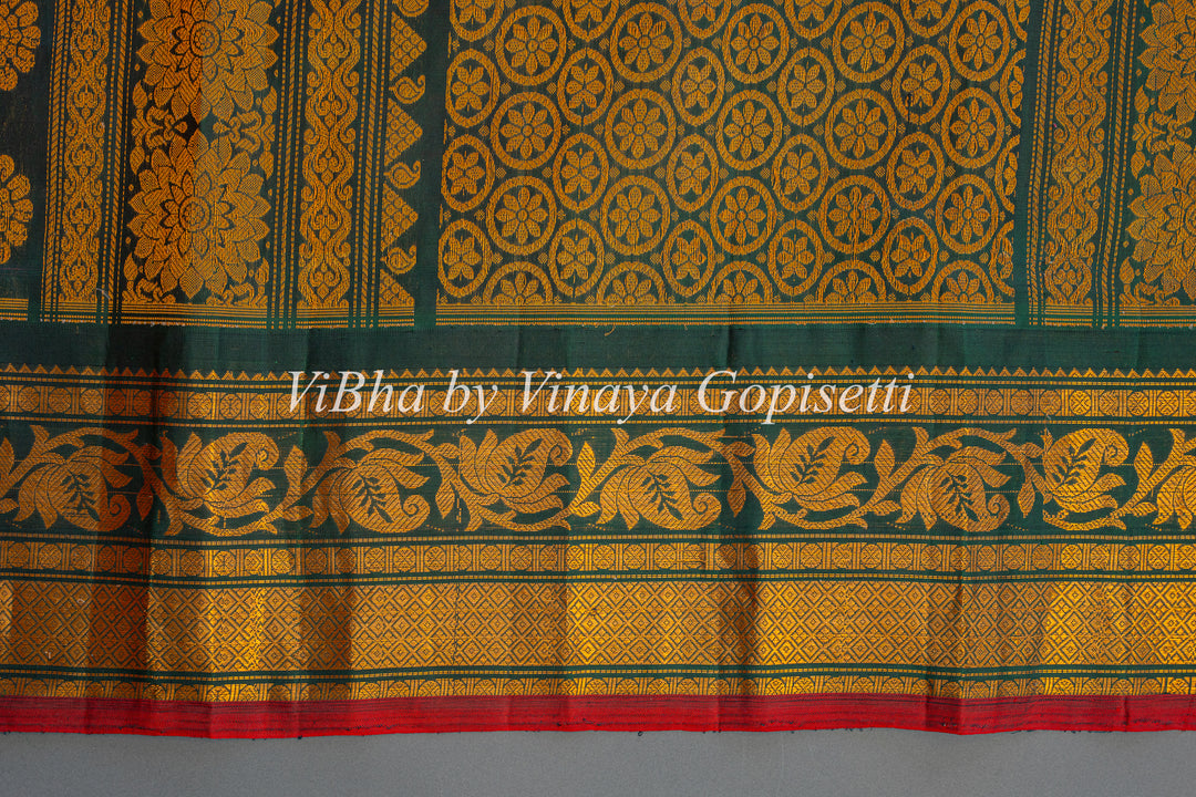 Peach and Dark Green Gadwal SIlk Saree with Blouse