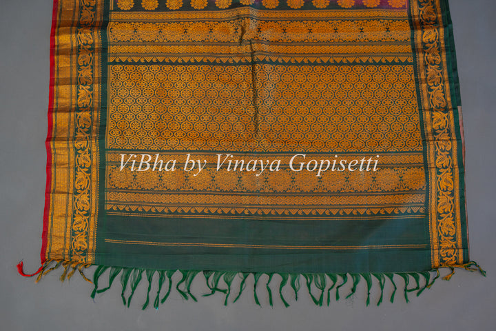 Peach and Dark Green Gadwal SIlk Saree with Blouse