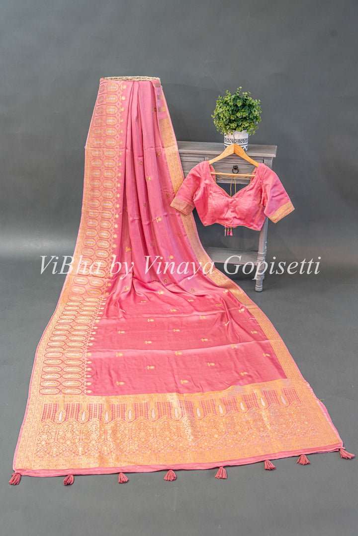 Pastel Pink Banarasi Silk Saree and Blouse