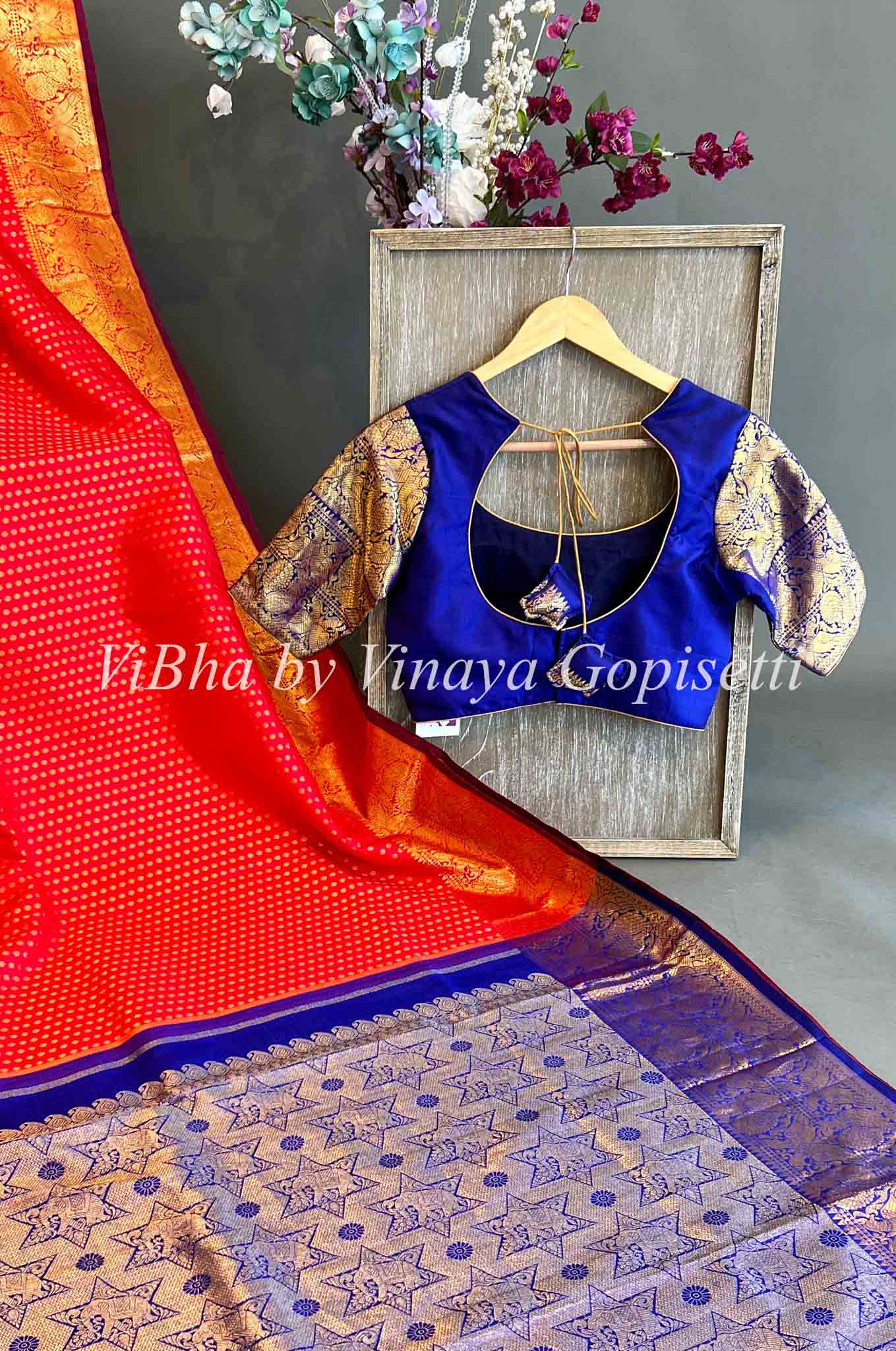 Royal blue woven silk saree with blouse - Lilots - 3966287