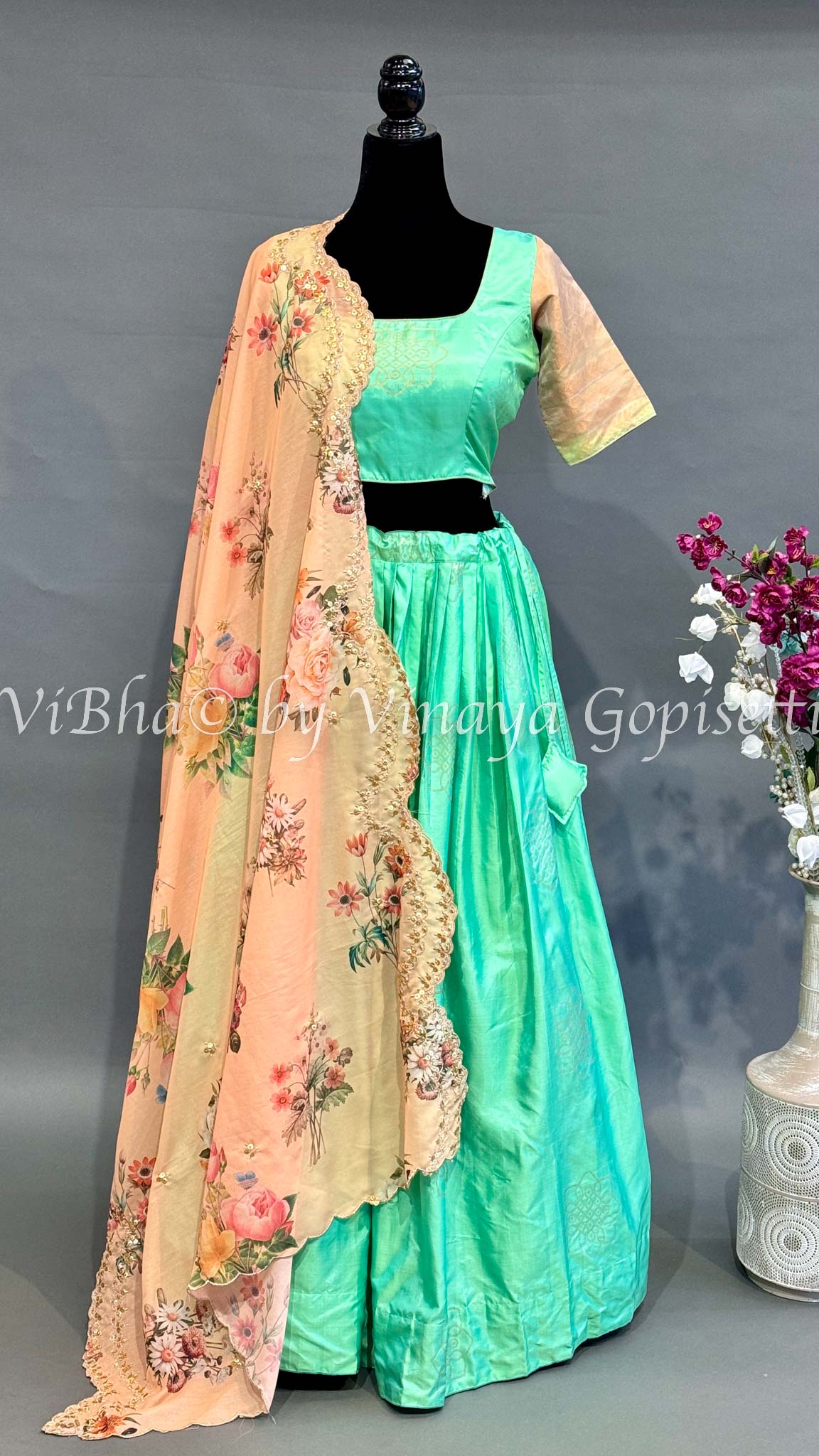 Pastel Green Mughal Floral Embroidered Lehenga Set With Blouse And Dupatta  - Hijab Online