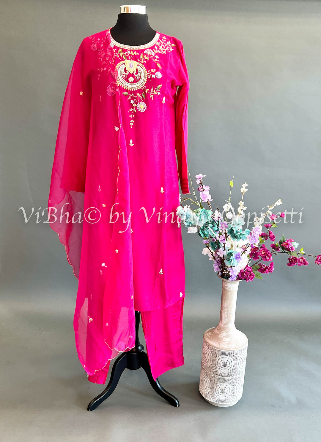 Rani Pink Silk Embroidered Salwar Suit