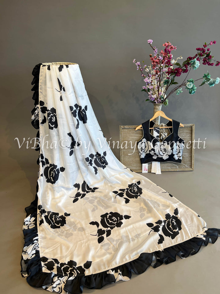 Floral Black And White Satin Crepe Ruffle Saree And Blouse