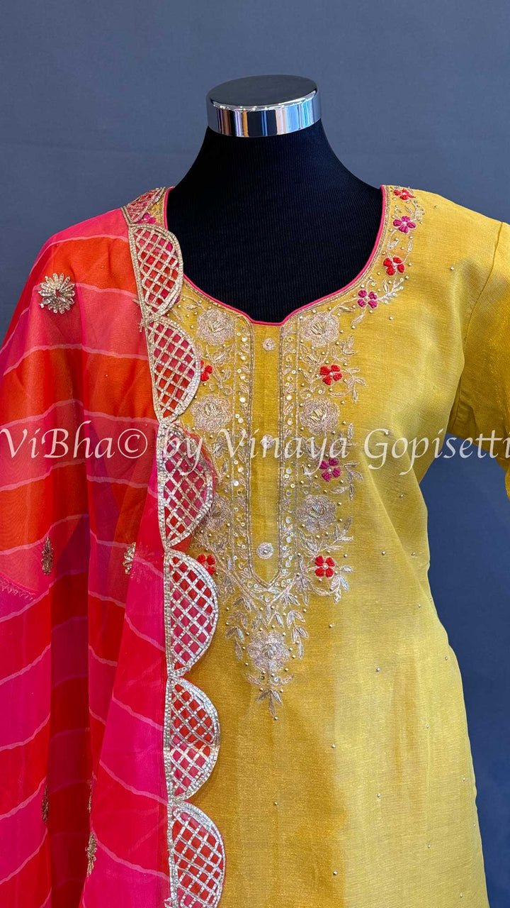 Yellow and Pink Embroidered Salwar Set