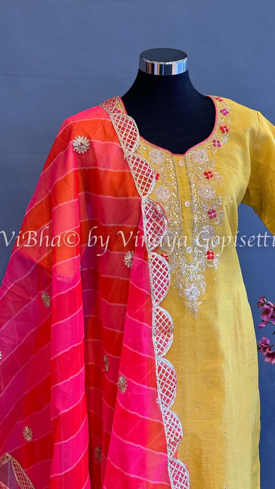 Yellow and Pink Embroidered Salwar Set