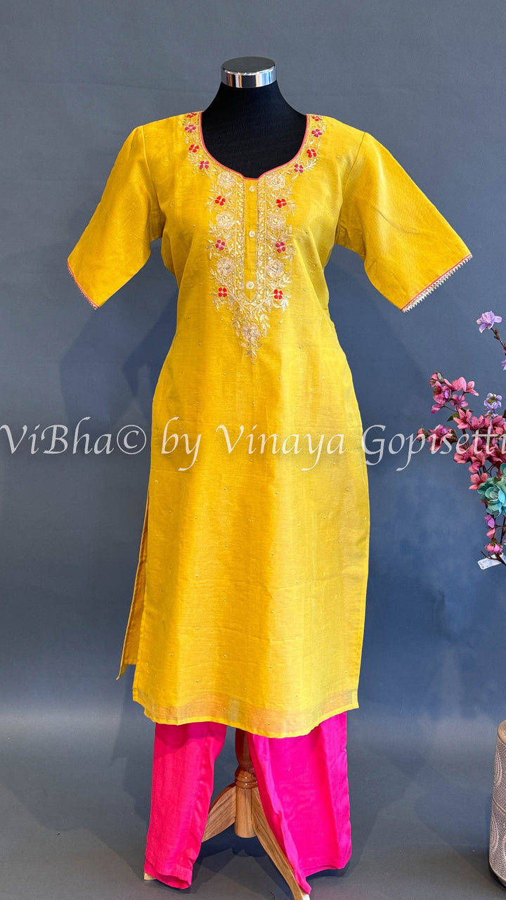 Yellow and Pink Embroidered Salwar Set