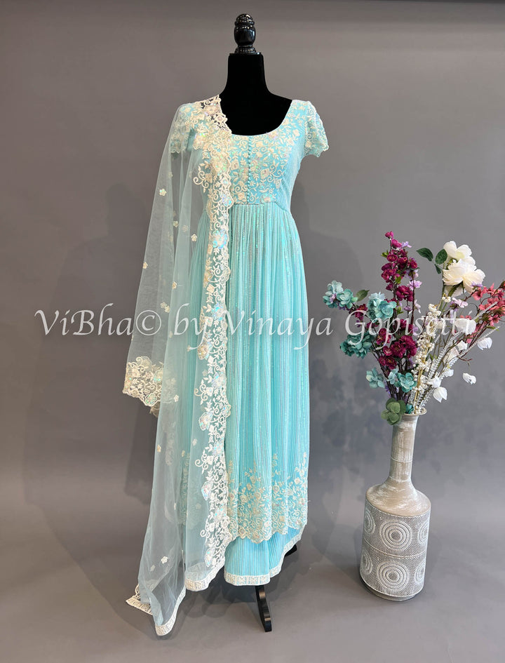 Sky Blue Embroidered Anarkali Palazzo Set