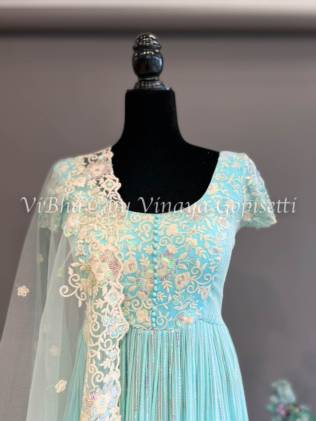 Sky Blue Embroidered Anarkali Palazzo Set