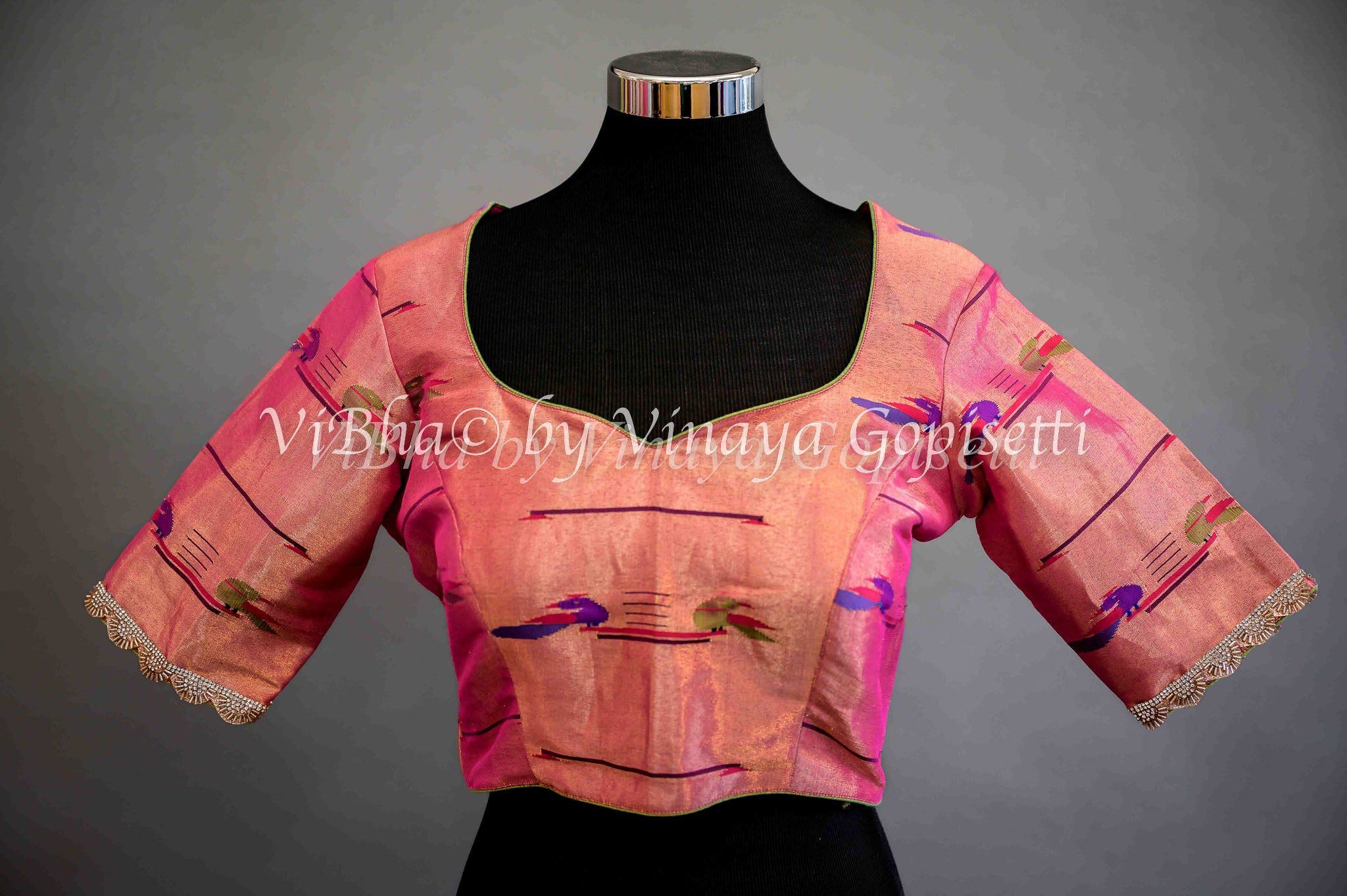 blouses pink paithani blouse with embroidered sleeve 1