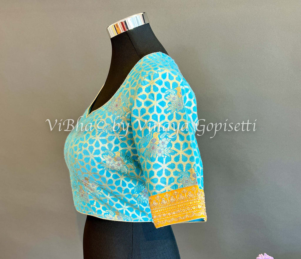 Blouses - Sky Blue And Yellow Benares Brocade Blouse