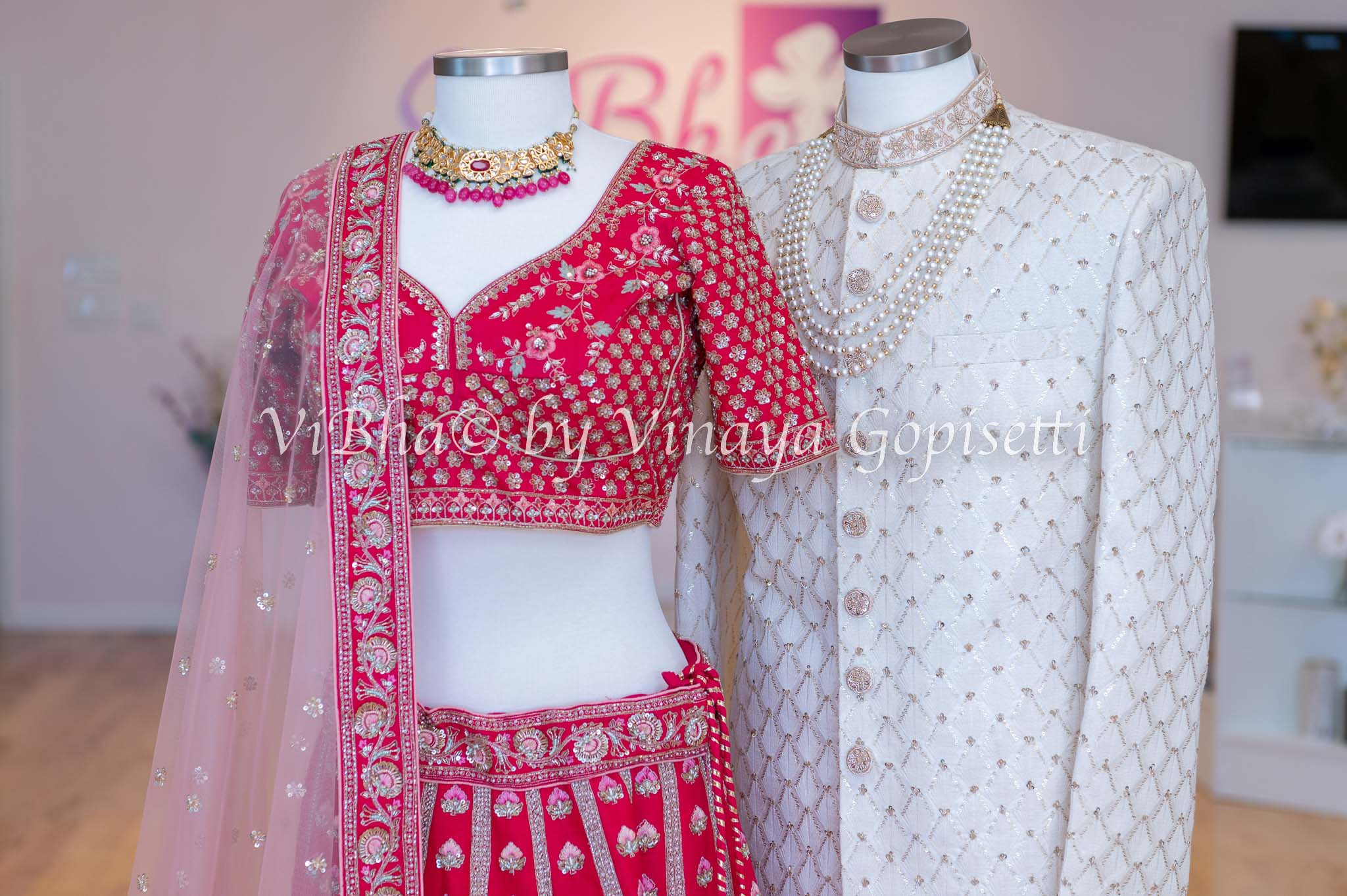 Bridal Pink Velvet Lehenga With Peacock Green Velvet Angrakha Shervani -  Couple Collections - Collections