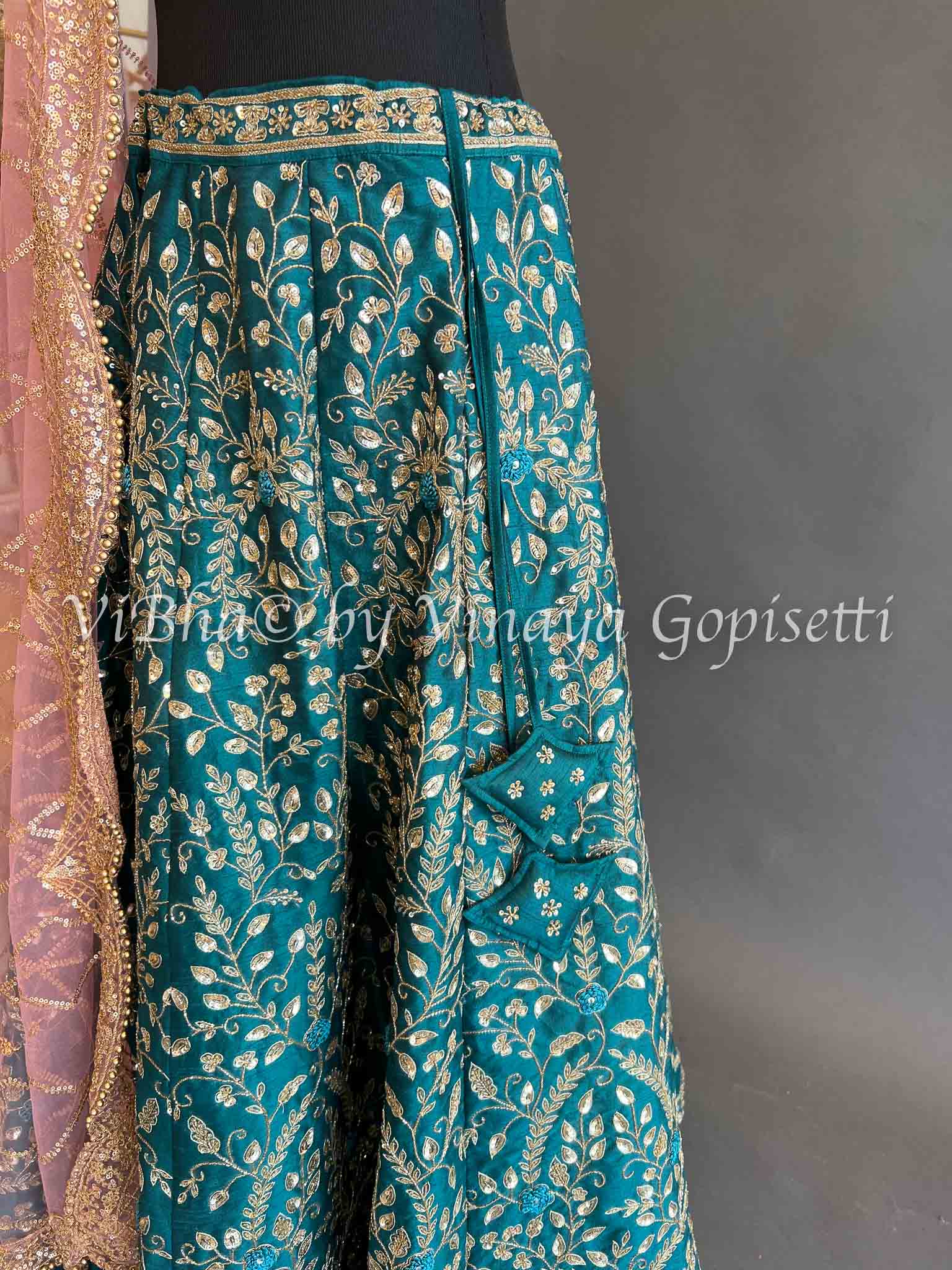 Mahal Ecru Silk Choli with Green Velvet Harem Pant