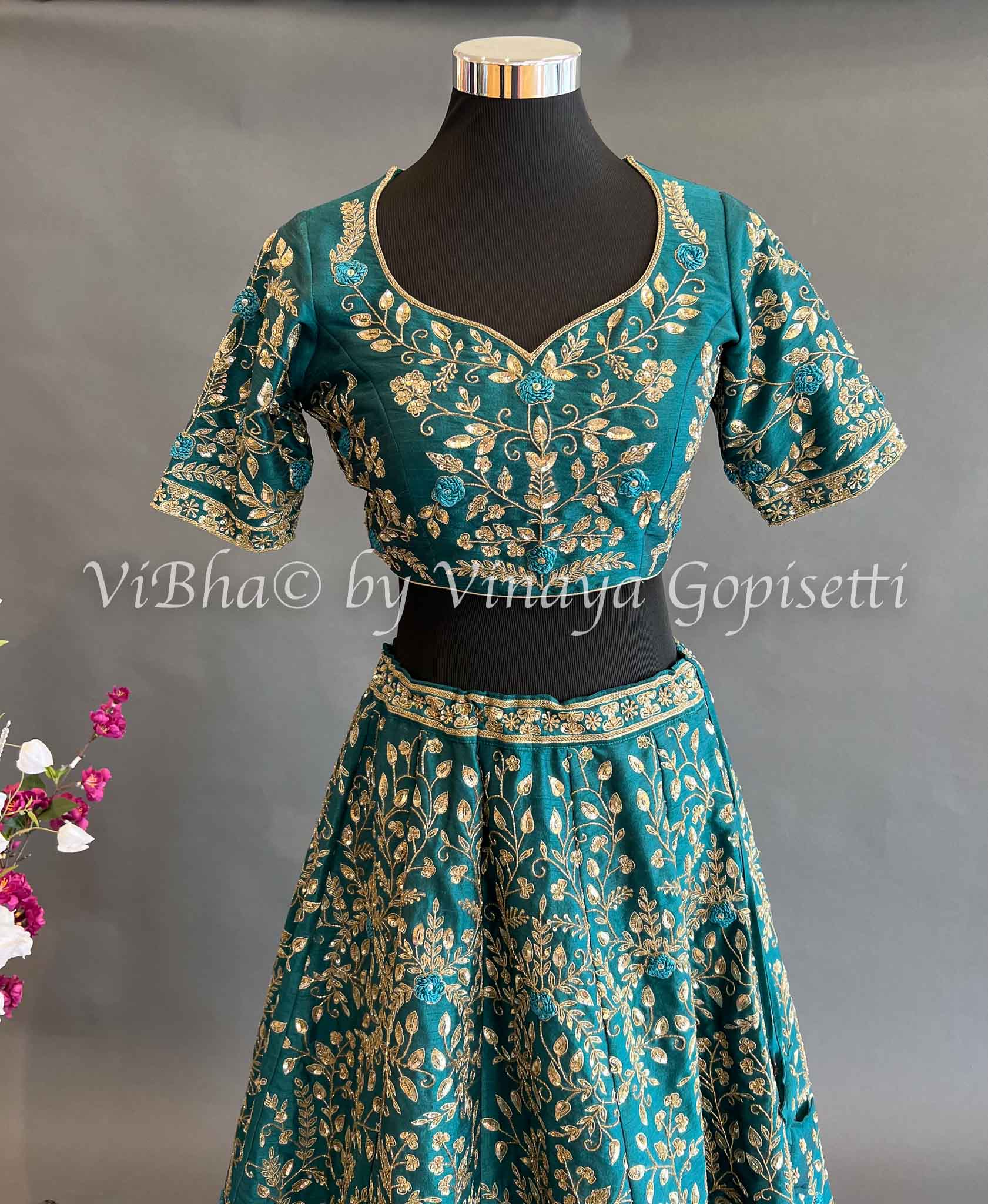 Buy Pink and Teal Velvet Embroidered Lehenga Choli Online : Switzerland -