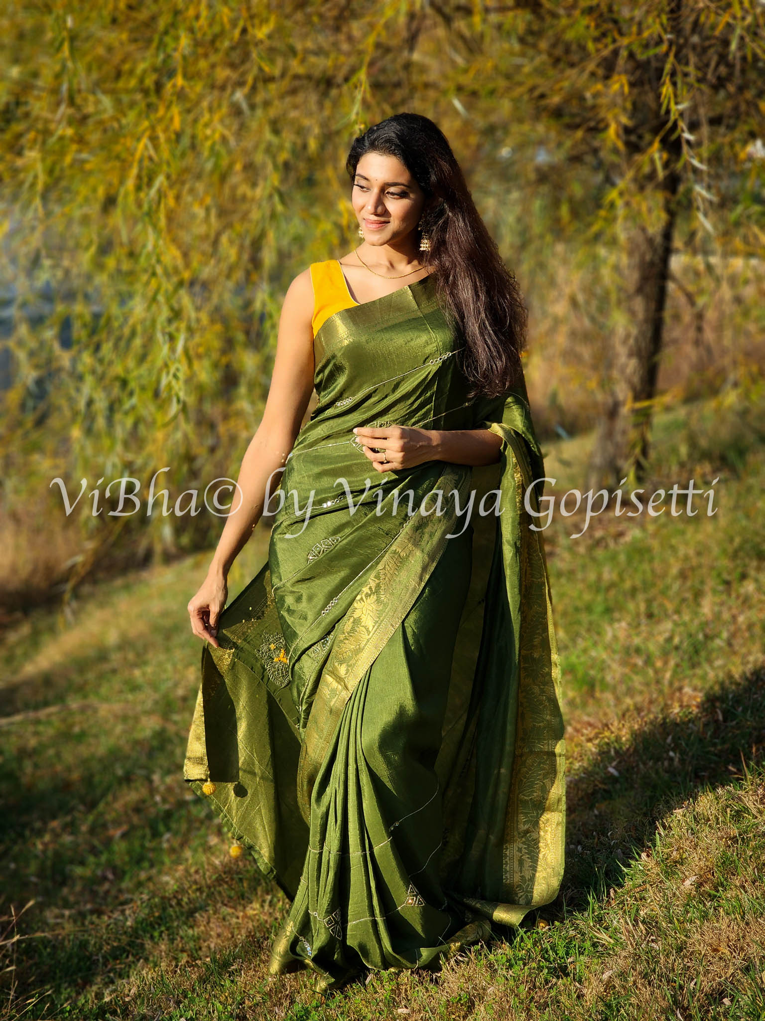 Arashi on Pure Silk Saree with Gota Patti - Yellow Green – Naina Jain