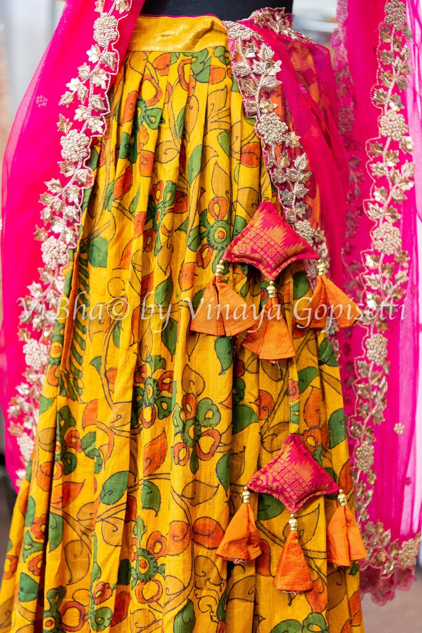 Yellow & Pink Kalamkari Silk Lehenga | Bridal Haldi Outfit | ViBha