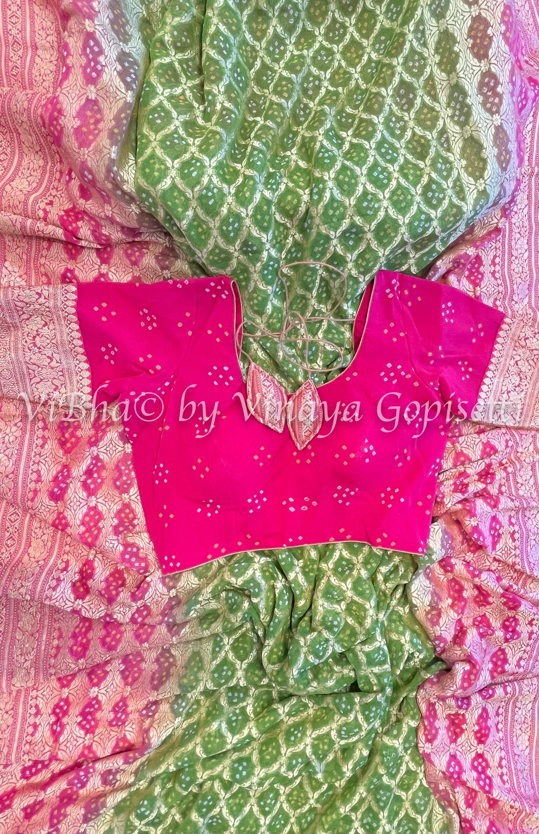 Printed Bandhani Green Saree In Silk - SINGAAR