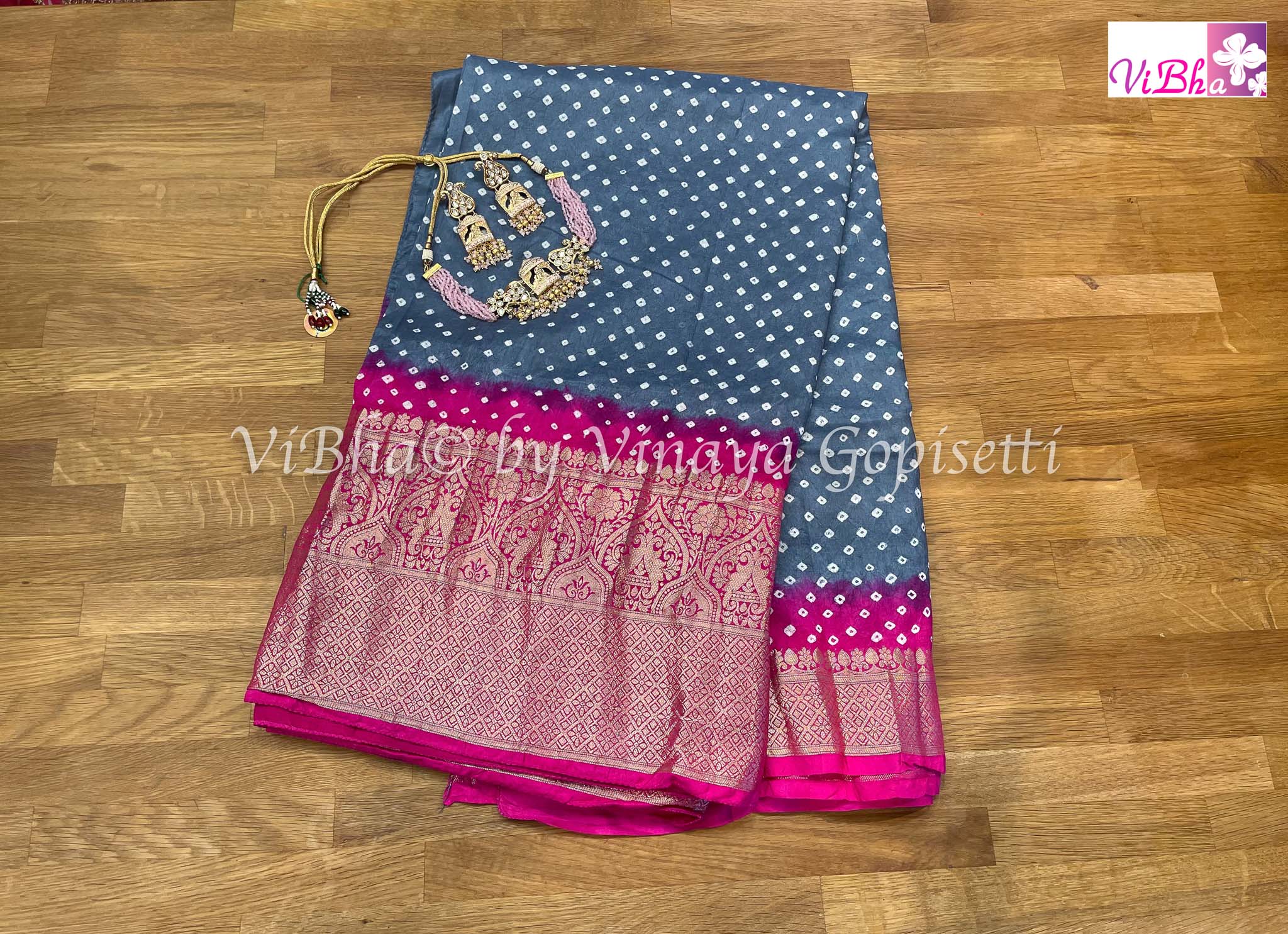 Bandhej Semi-silk drapes with Kanchipuram zari border saree 20400N – Griiham