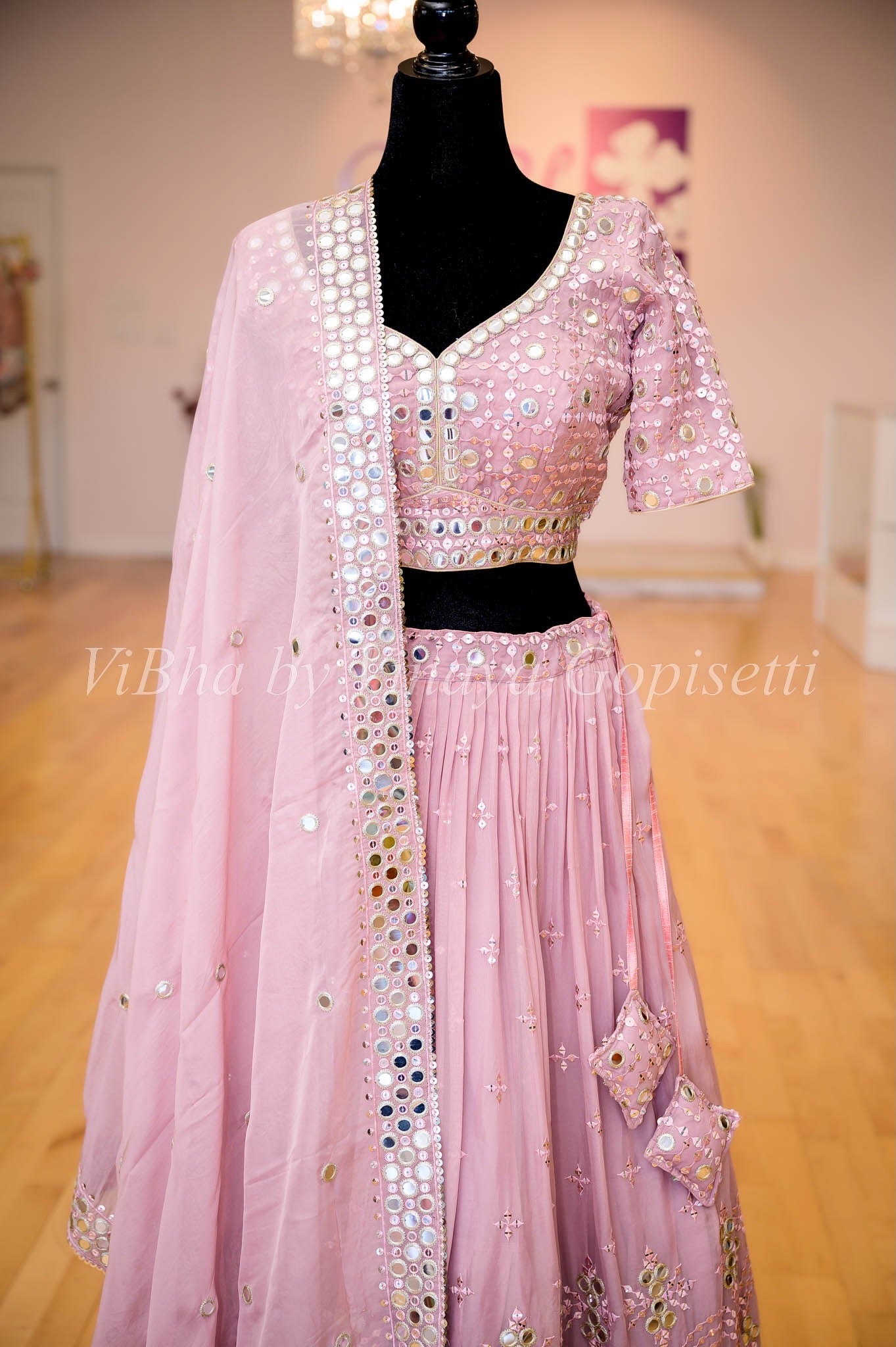 Buy Light Pink Mirror Work Organza Lehenga Choli Online At Zeel Clothing