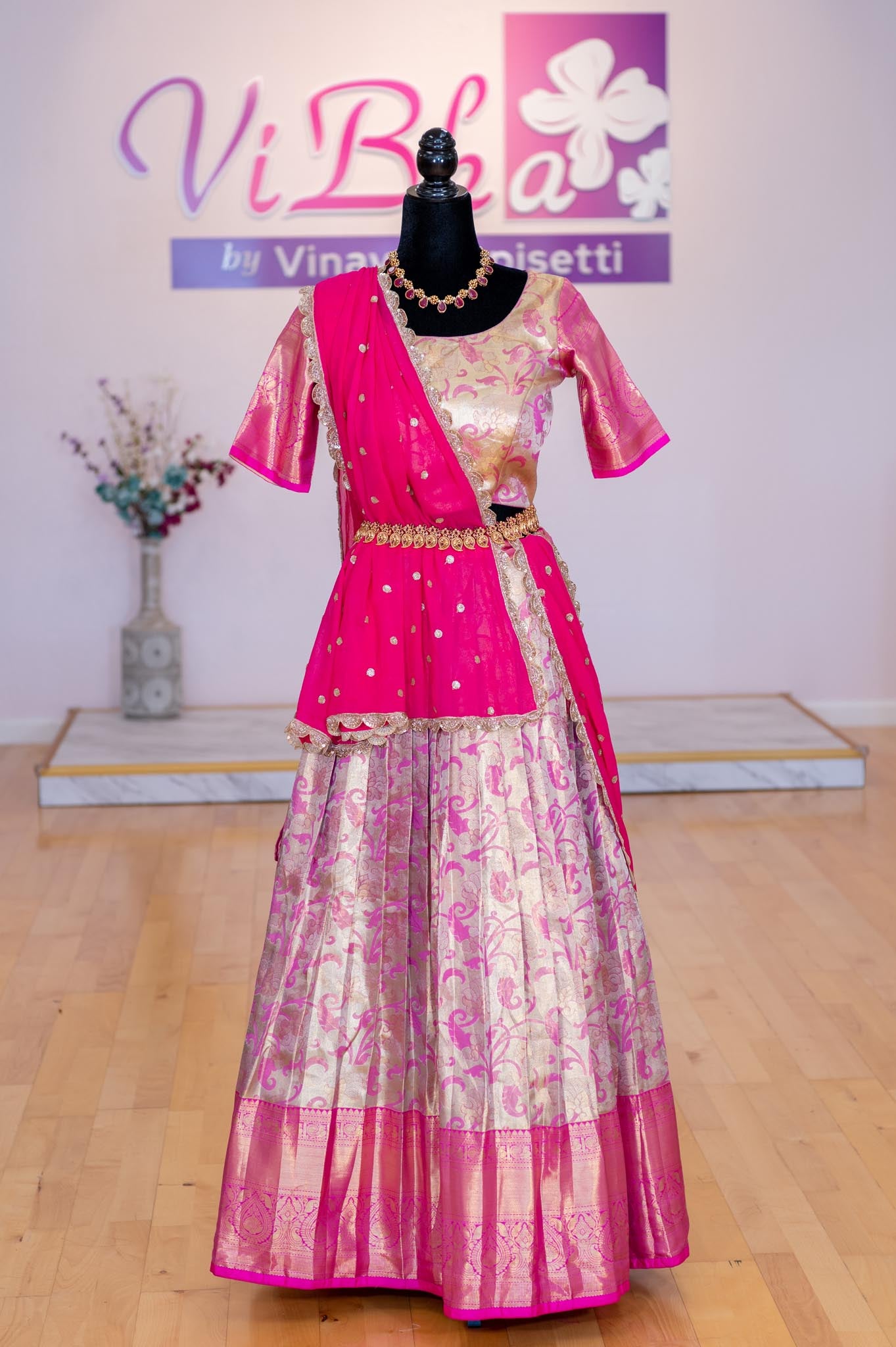 Green & Pink Banarasi Jacquard Silk Half Saree Lehenga – Shopgarb Store