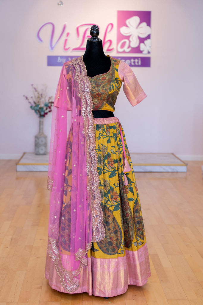 Pink Yellow Lehenga Choli Indian Party Silk Lengha Chunri Dress Sari Skirt  Top | eBay