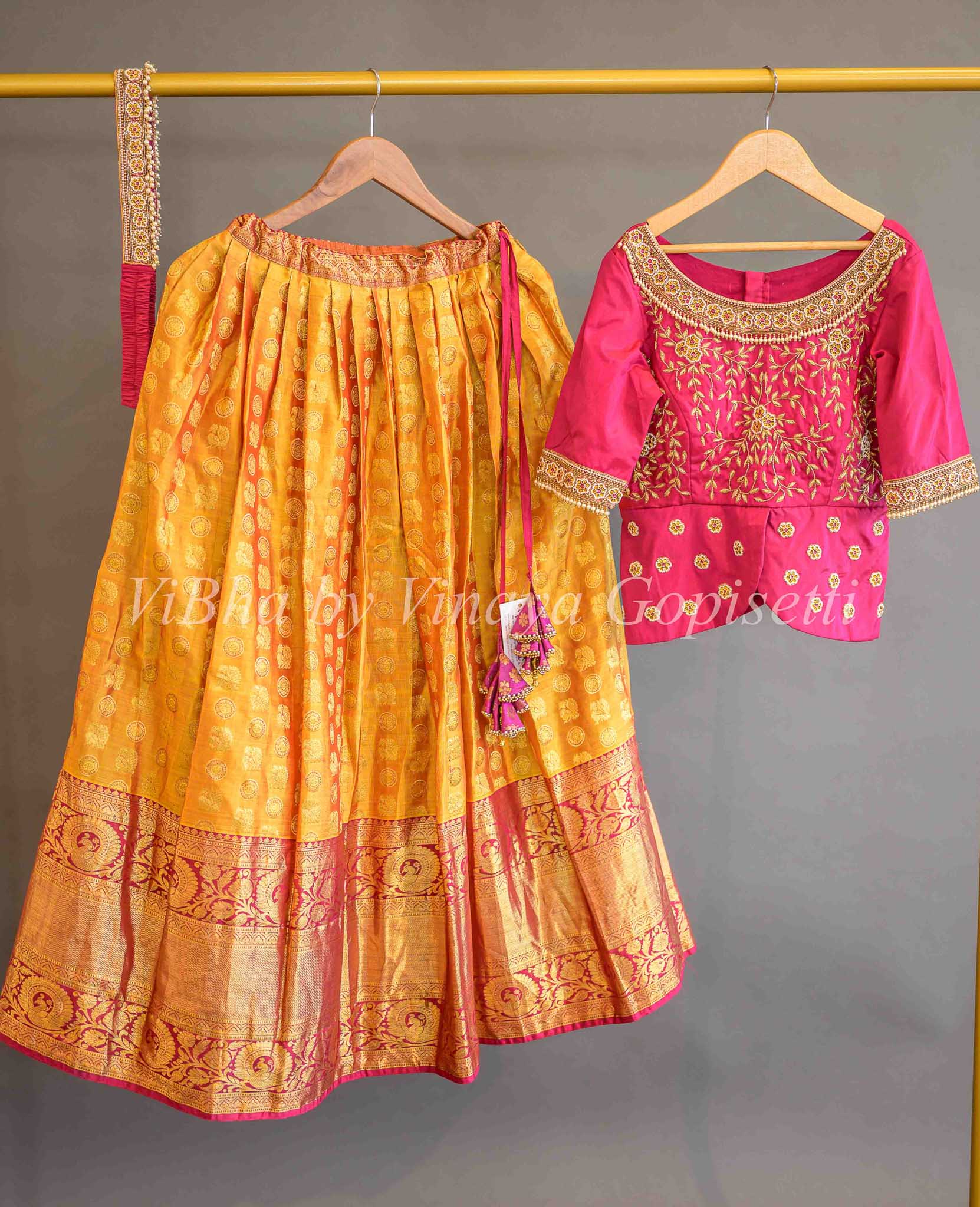 lehengas mustard yellow rani pink kanchi silk lehenga with long blouse and waist belt 1