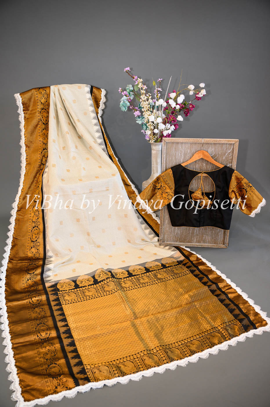 Black and White Floral Handprinted Maheshwari Silk Saree with Blouse