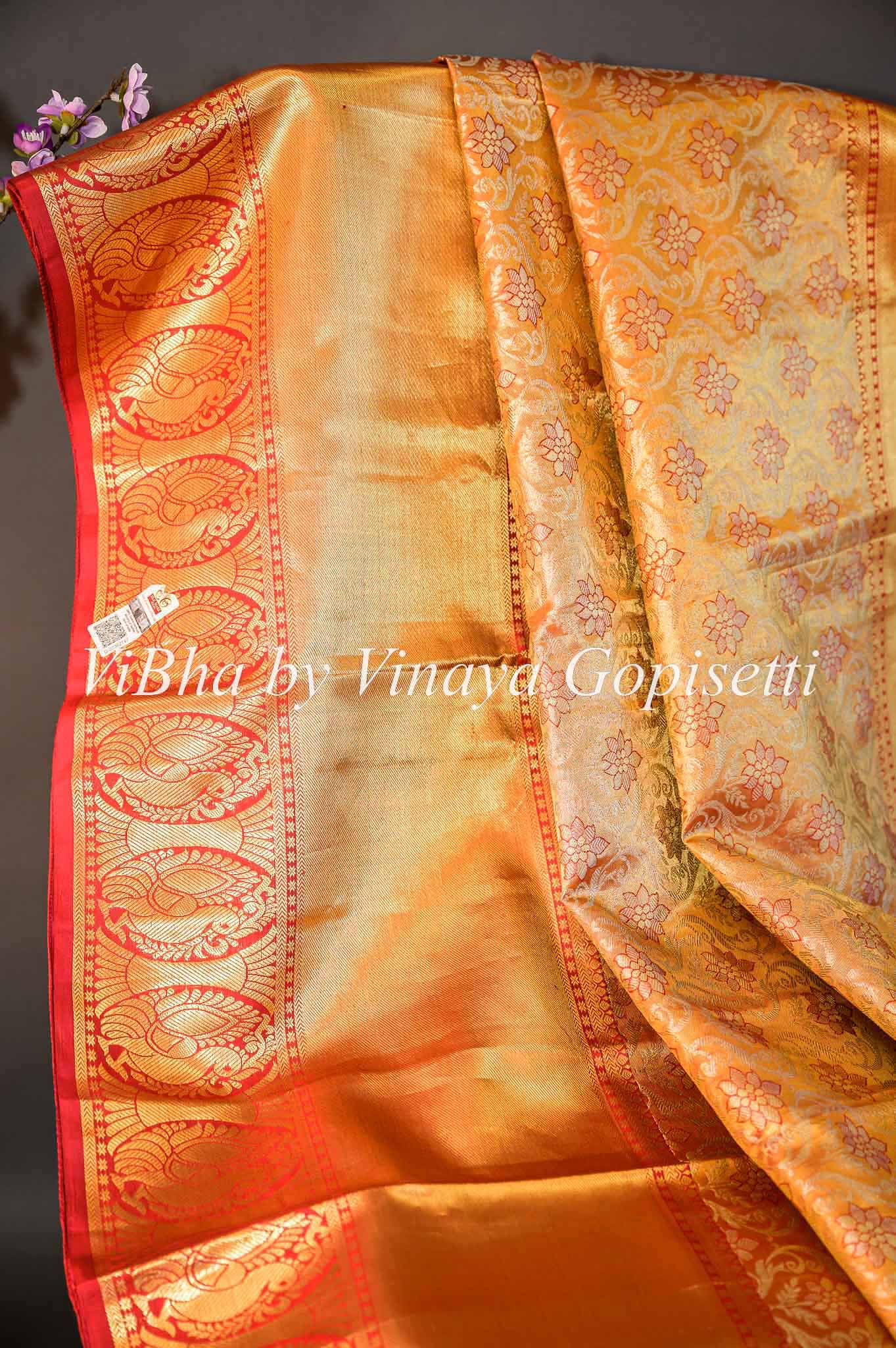 Gold Handwoven Kanchipuram Tissue Silk Saree With Floral Vine Motifs &  Evening Morning Zari Border