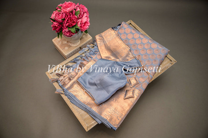 Sarees - Gray Copper Zari Kanchi Silk Saree