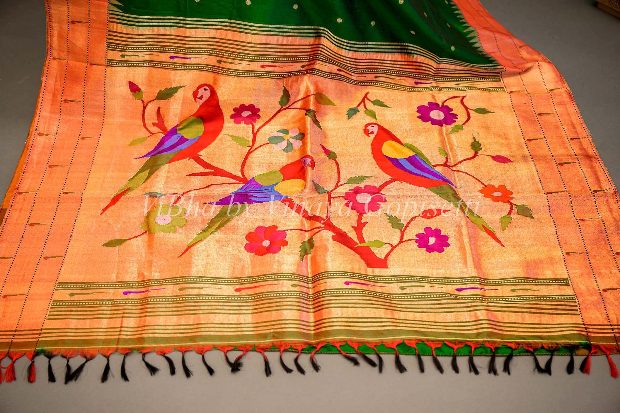 Buy Bottle Green Paithani Silk Saree With Blouse Piece online-Karagiri