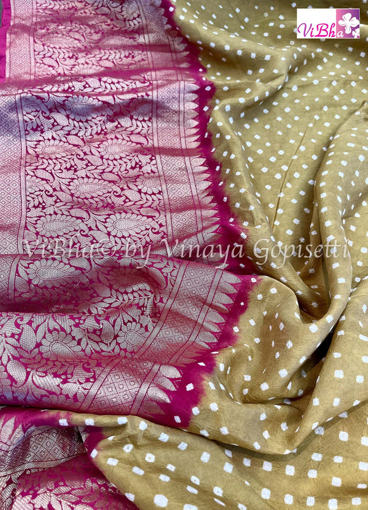 Sarees - Olive Green And Dark Pink Kanchi Bandhni