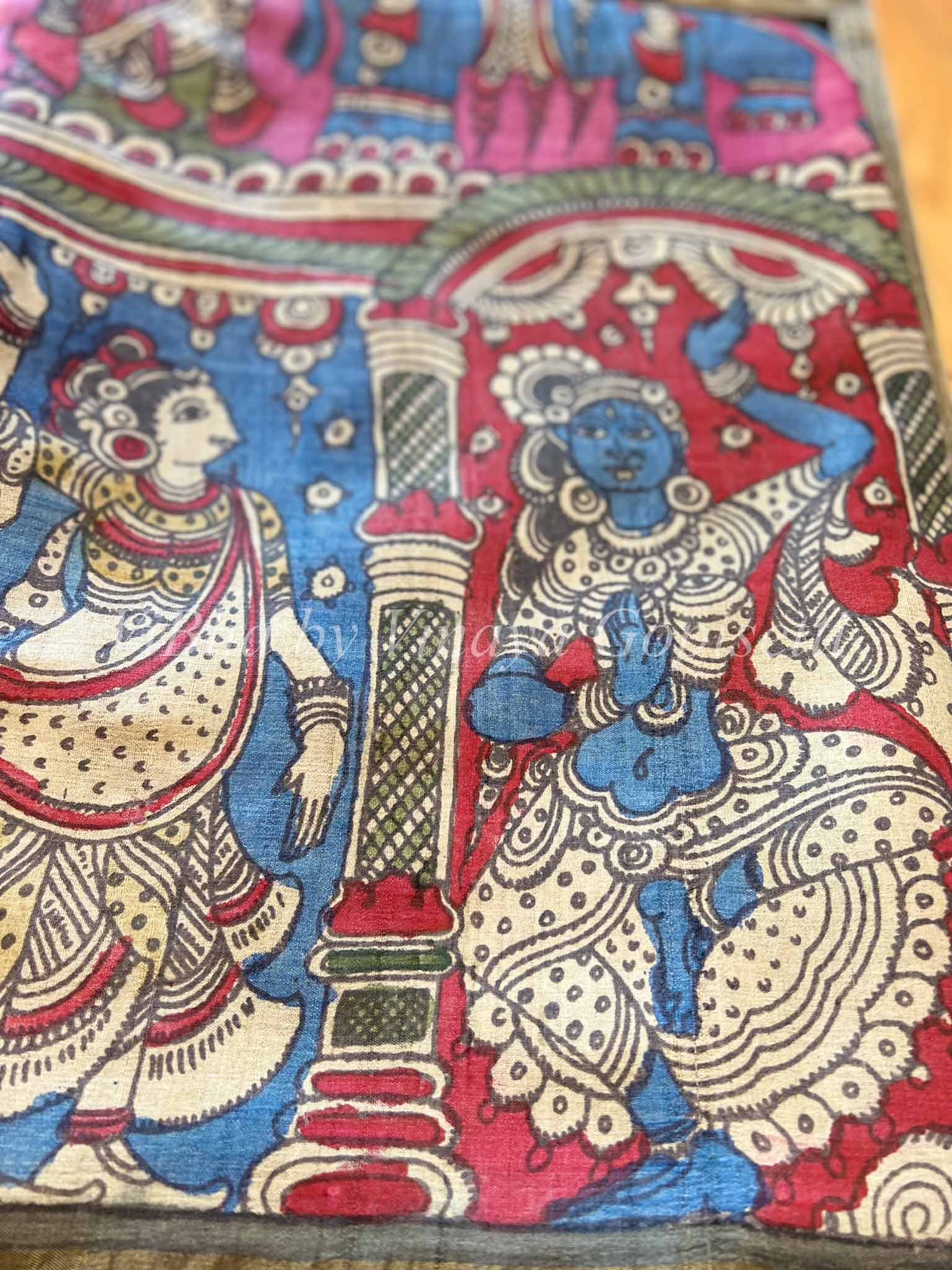 ORIGINAL PEN KALAMKARI HAND PAINTED ON PURE TUSSAR SILK SAREE -PDSPKTS –  www.soosi.co.in