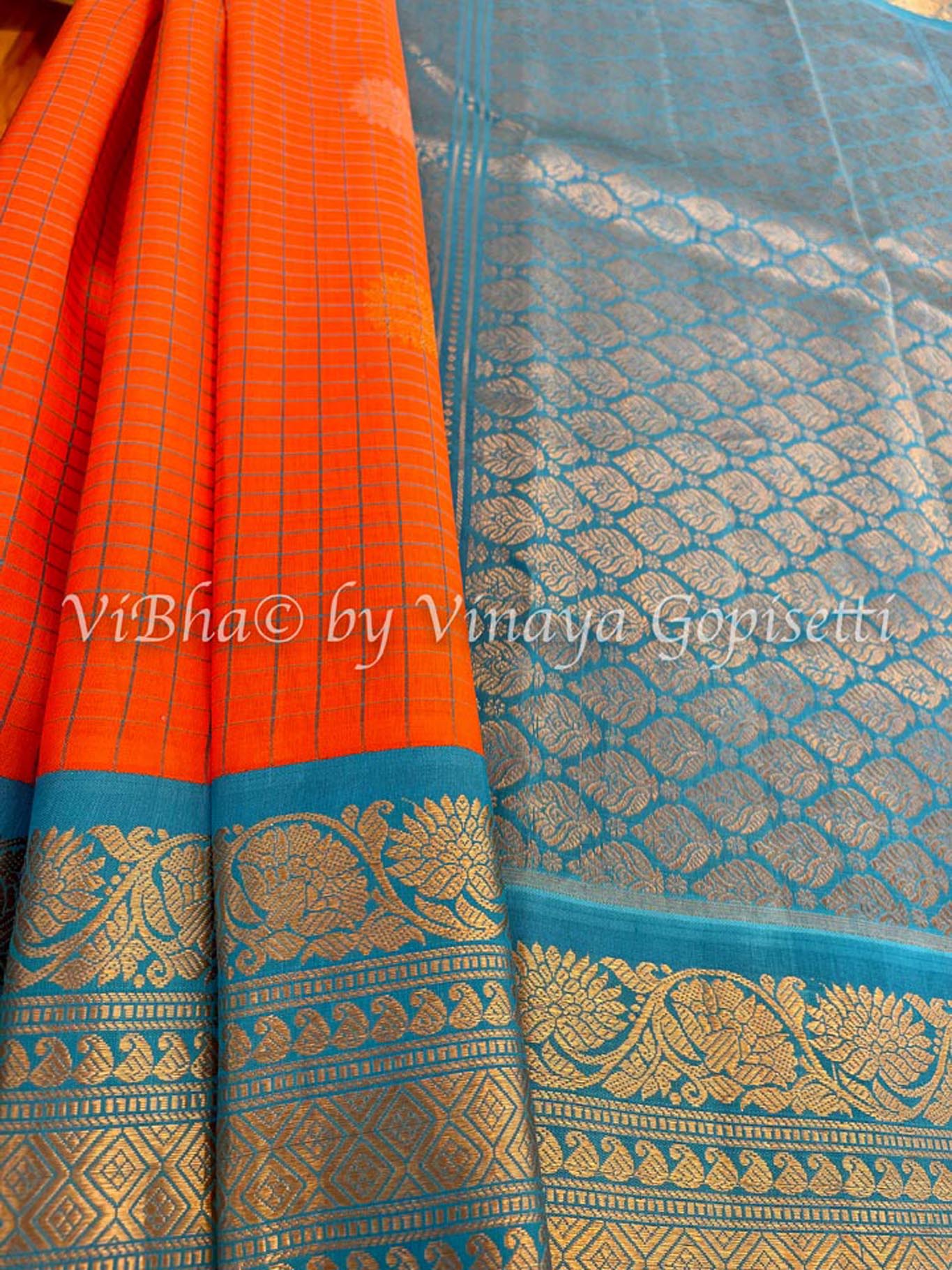 Pure kanjivaram silk saree dark blue and dual shade of pinkish orange –  Prashanti Sarees