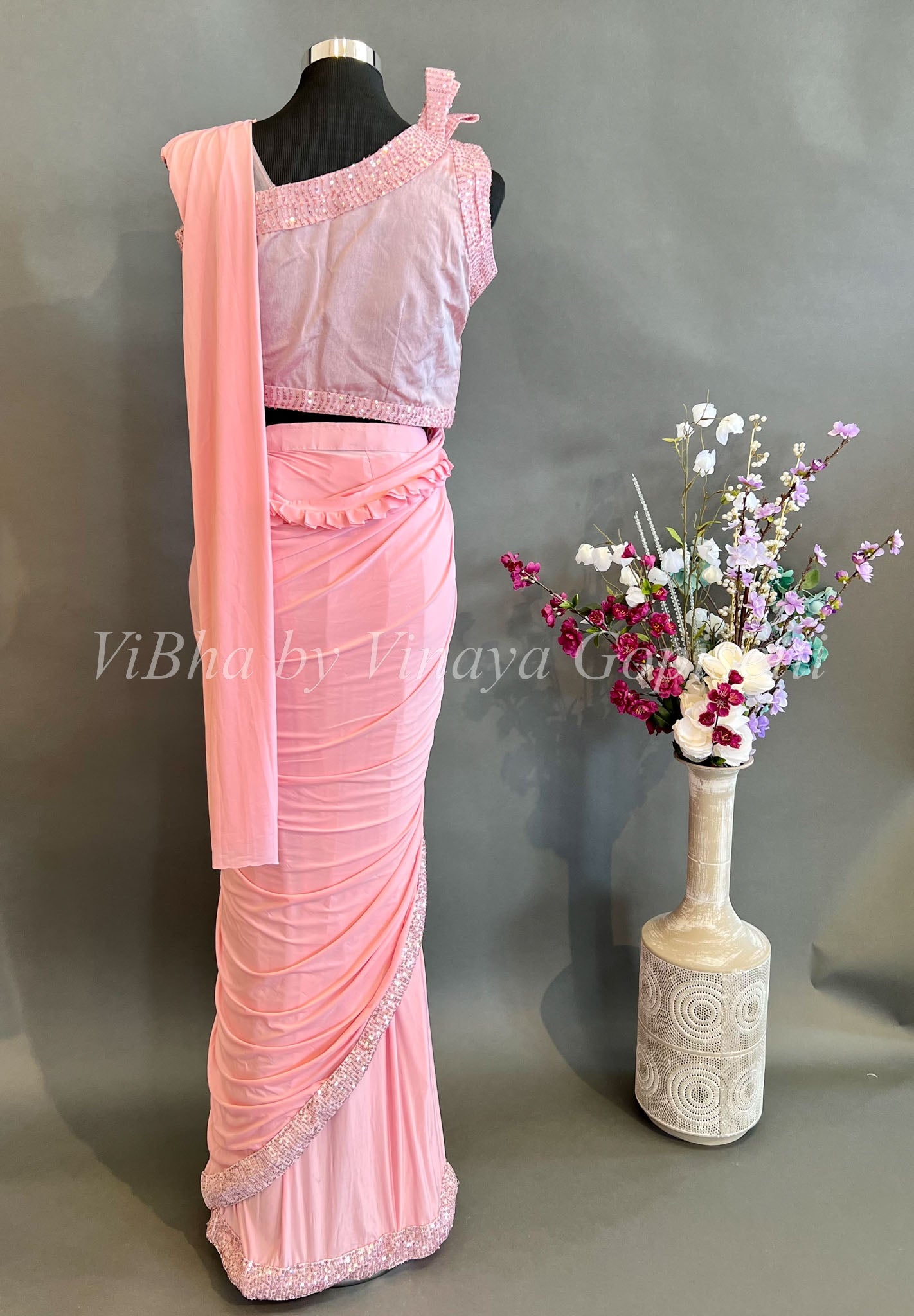 Rent Powder Pink Saree With Sheer Crop Top Online