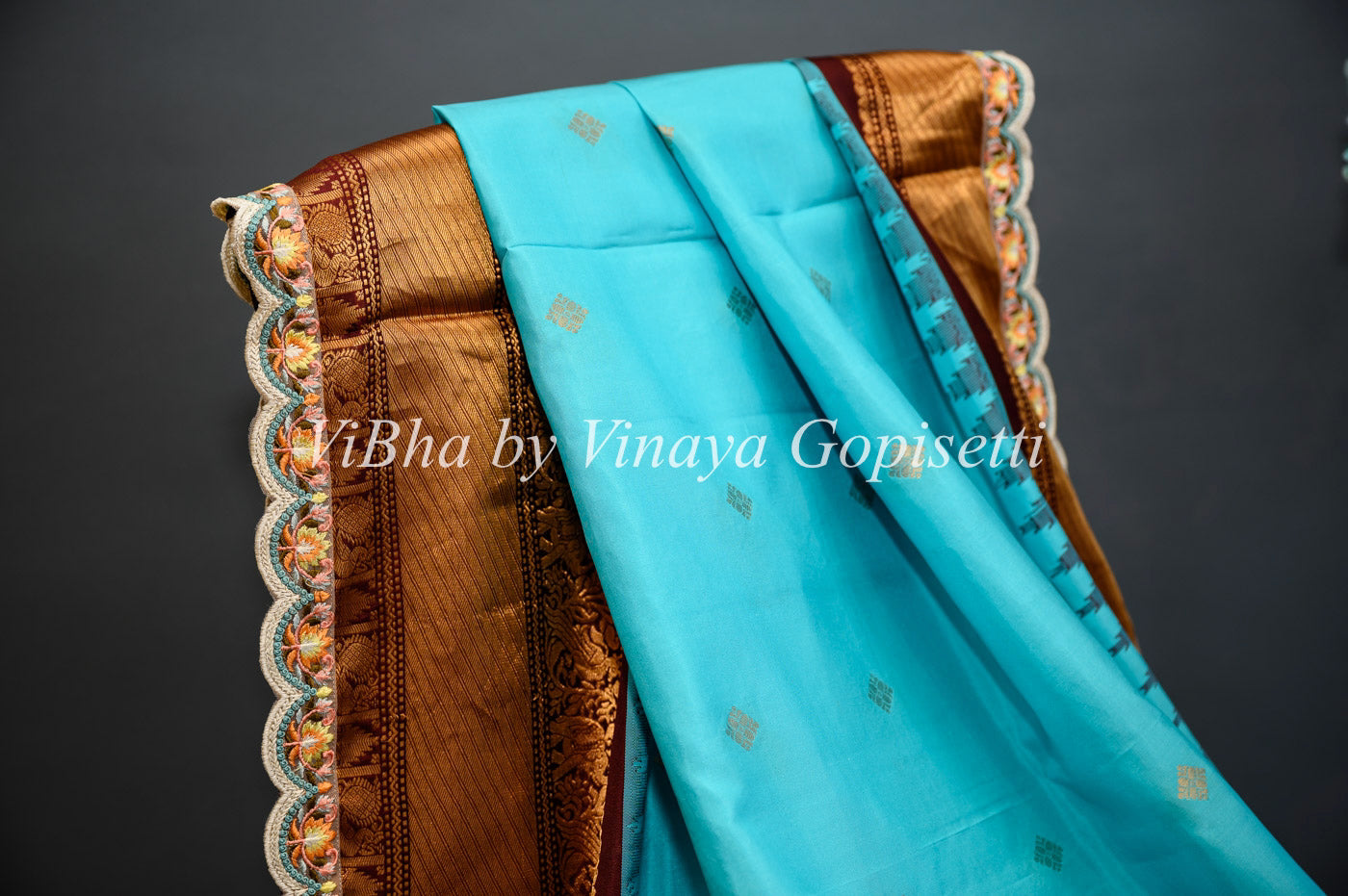 Pistachio Green Soft Brasso Silk Saree with Sky Blue Border and Red Yellow  Floral Motifs with Designer Work Blouse