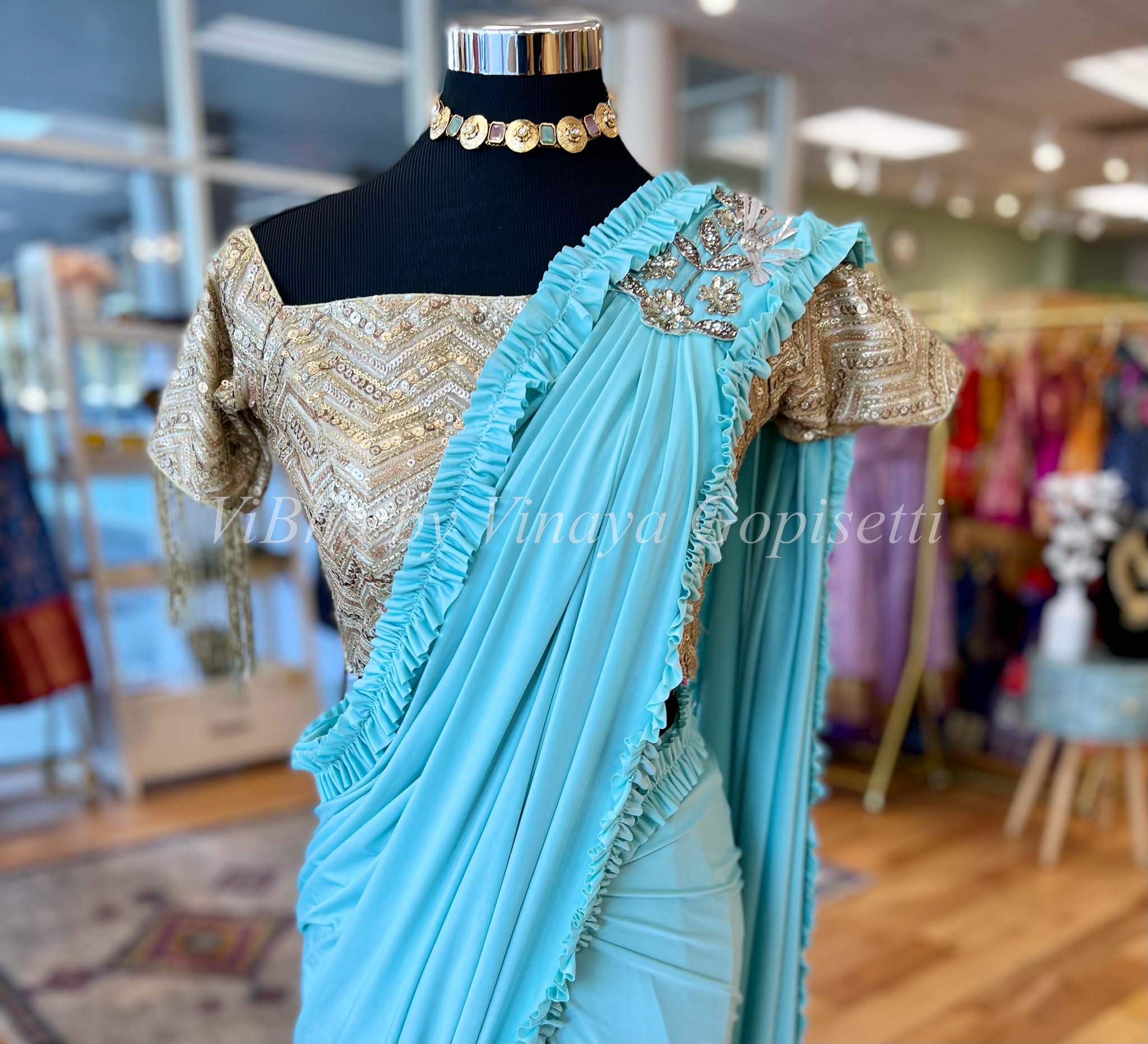 Buy Sky Blue Linen Saree online-Karagiri